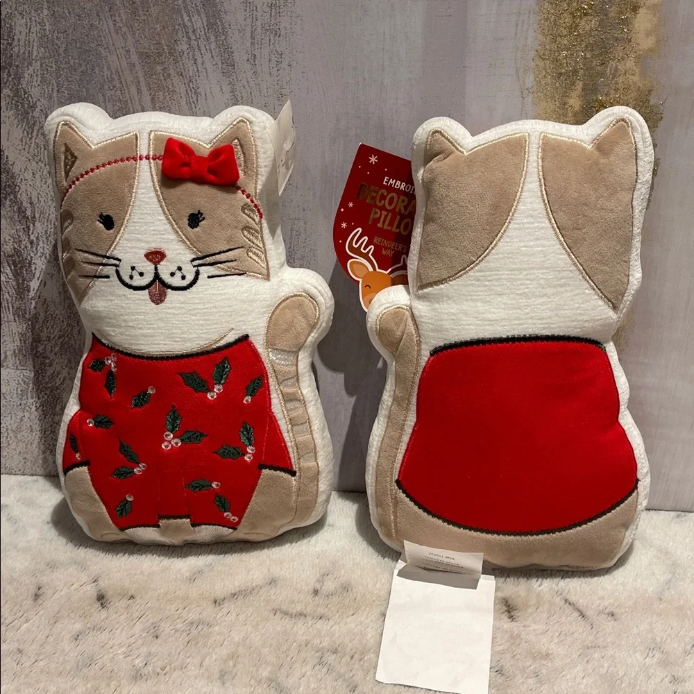 Embroidered Cat Pillow with Red and Tan Accents. They are just adorable 🥰 🐱 - Picture 2 of 7